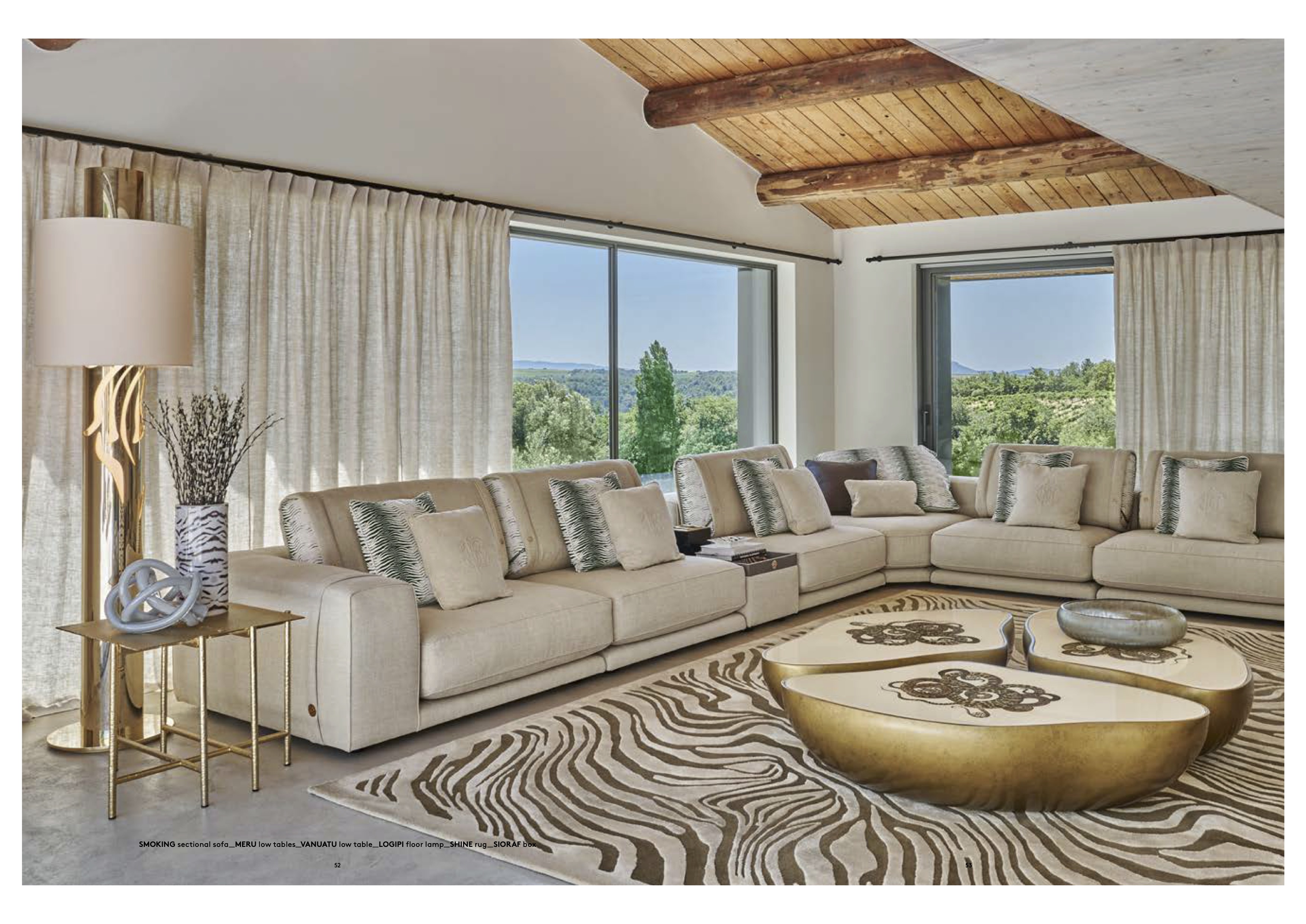 Smoking sectional sofa, stoliki Meru z wężem, dywan Shine