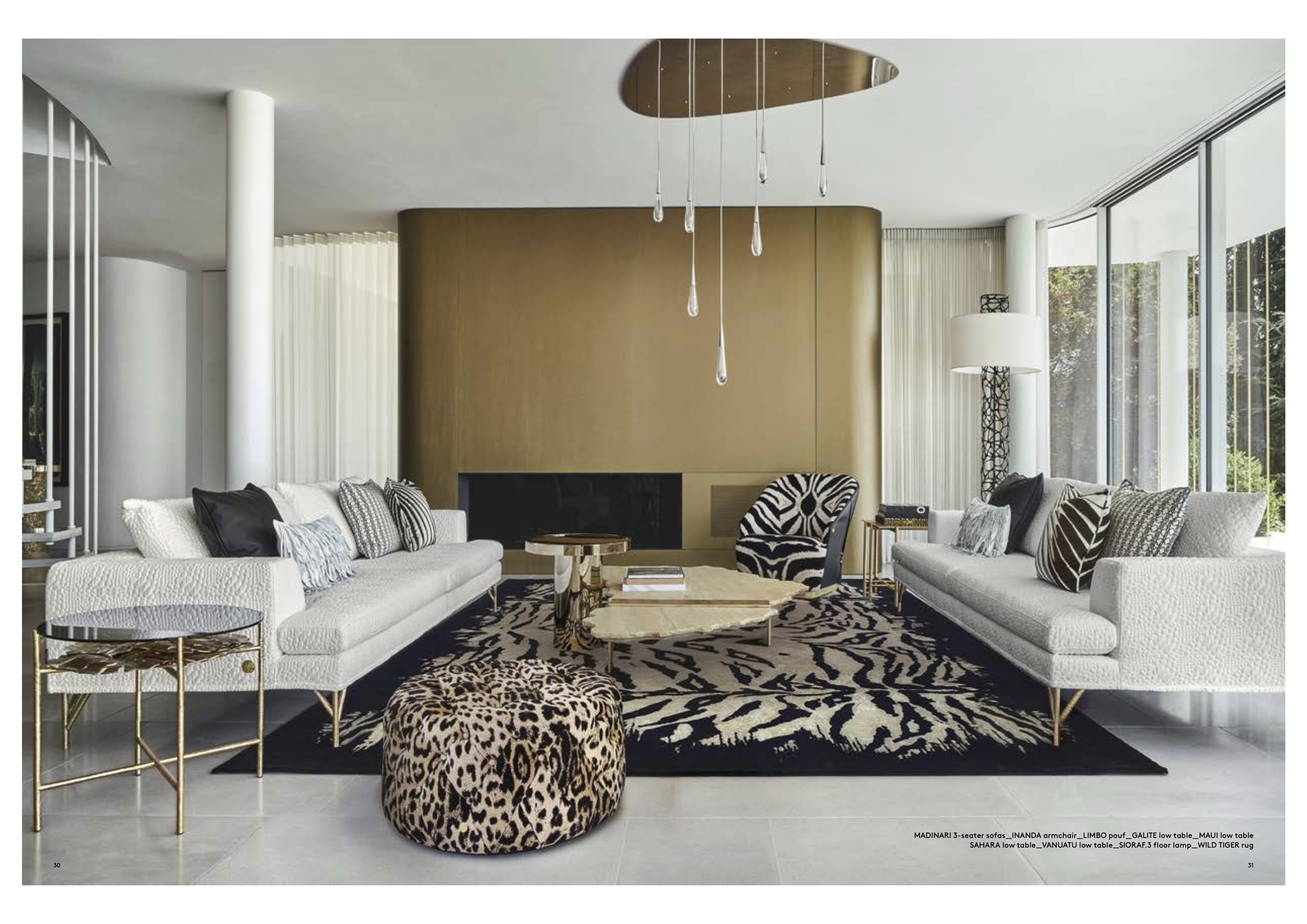Madinari 3-seater sofas, fotel Inanda w zebrę, puf Limbo w cętki, dywan Wild Tiger